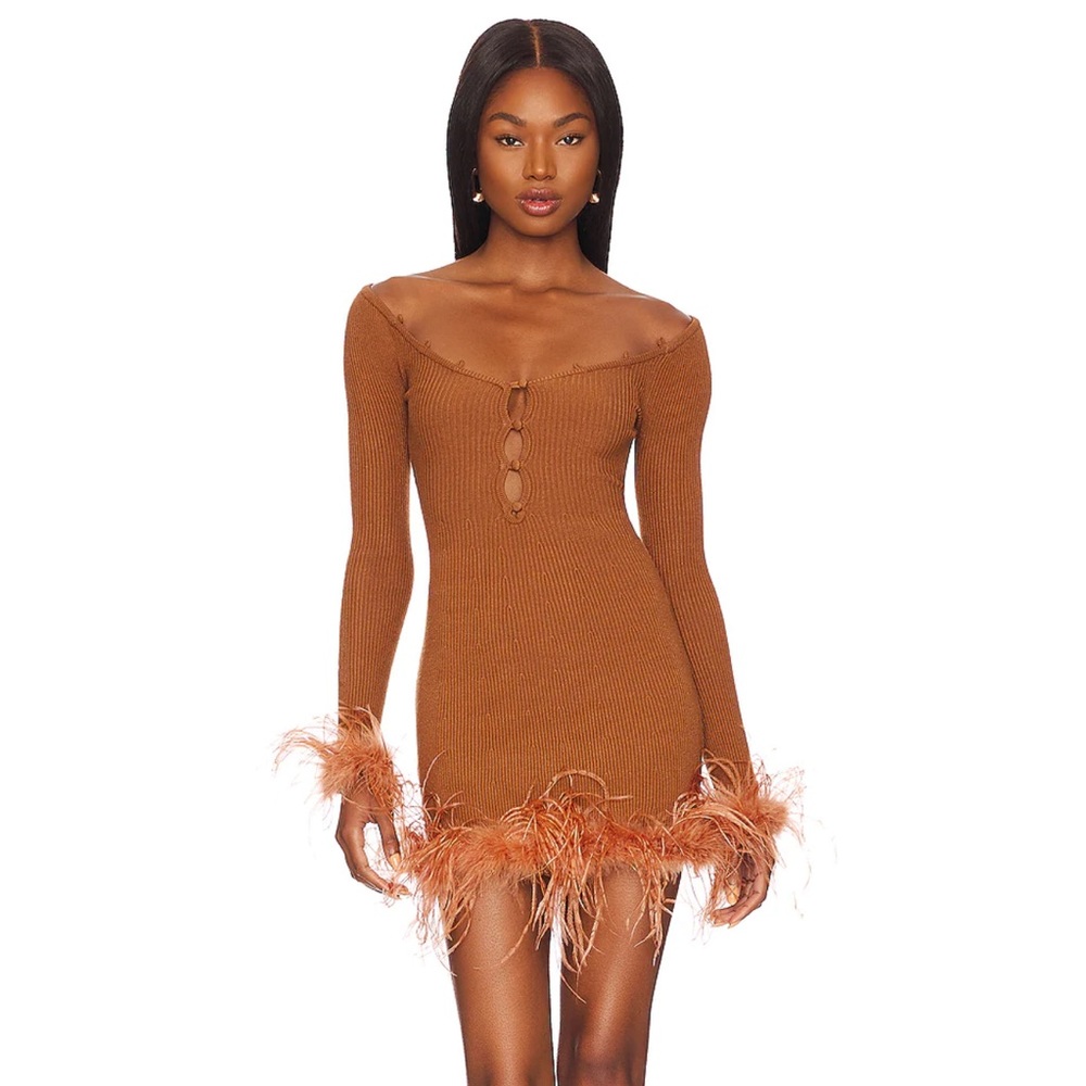 Lovers + Friends Brown Feather Trim Dress